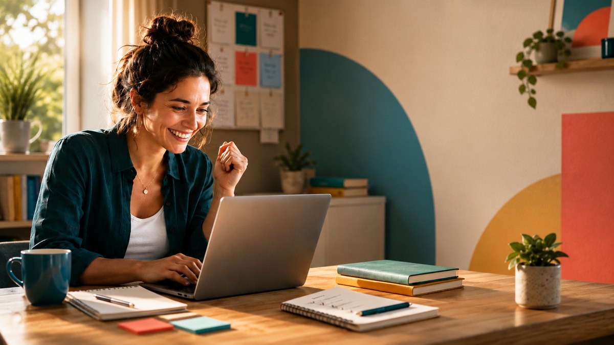Person working on a laptop at a home desk, looking relieved and confident